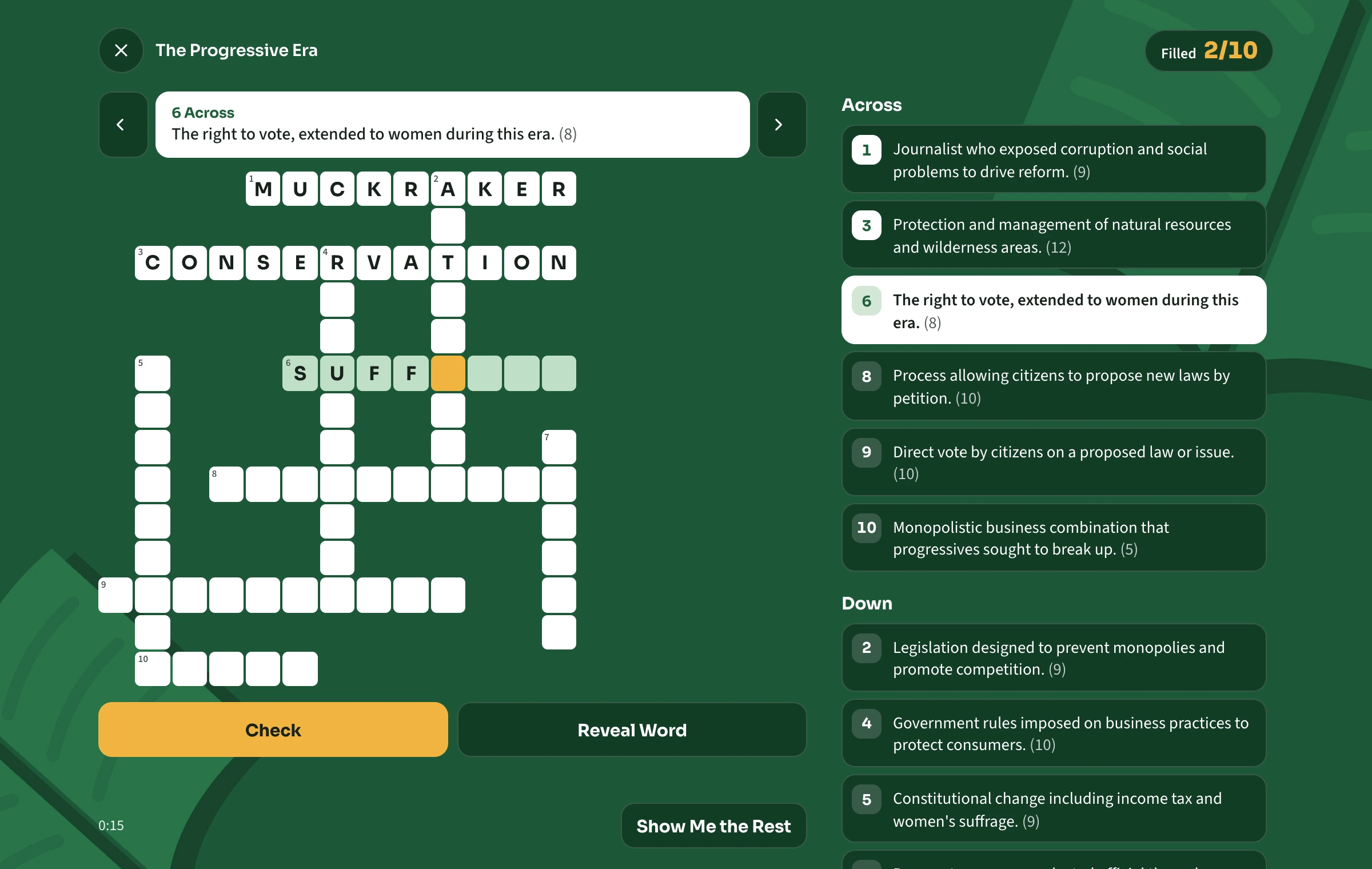A crossword in Soren on the Progressive Era, partly filled in, with its clues listed beside the grid.