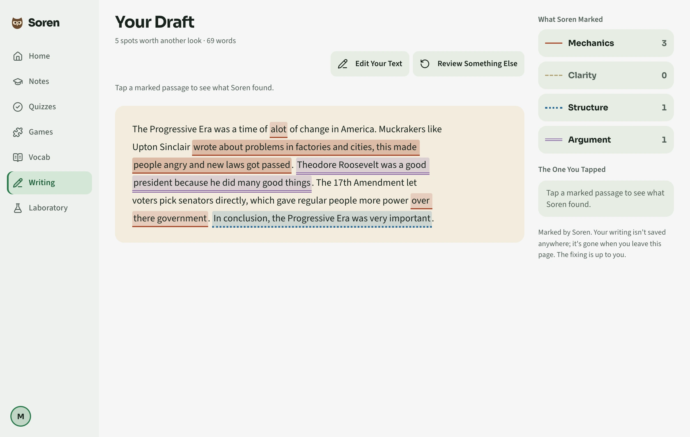 A student's paragraph in Soren with five passages marked, and one of them named as a comma splice.